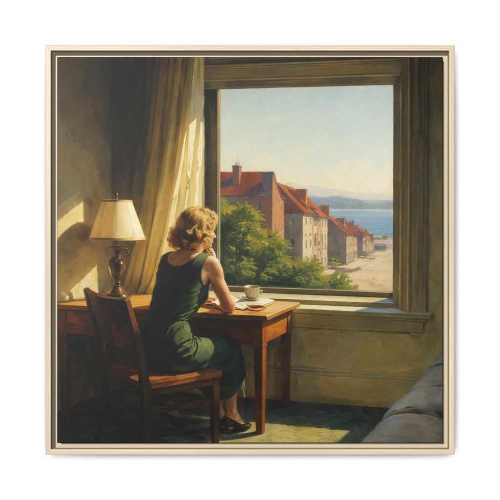Woman sitting at a desk by a window with a scenic view outside