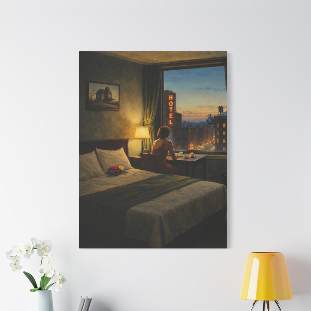 Framed artwork of a woman in a hotel room with a cityscape view on a white wall above a cabinet.