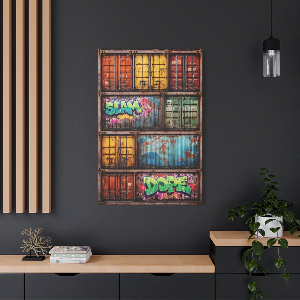 Colorful graffiti-style canvas on a dark wall with wooden shelves and a plant.