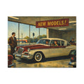 Vintage car showroom with a classic car and 'New Models!' sign.