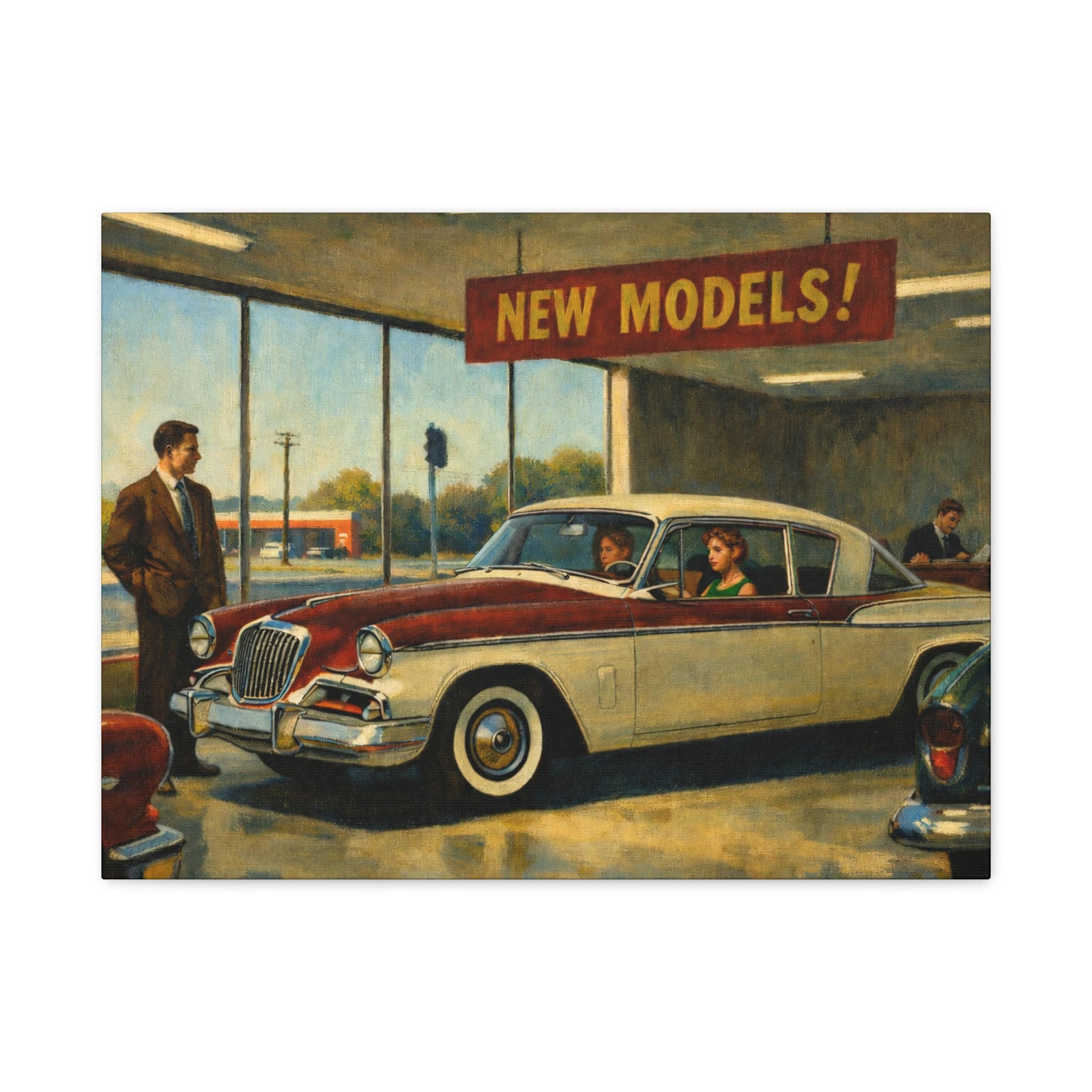 Matte Stretched Canvas | Vintage Car Dealership Painting Canvas.