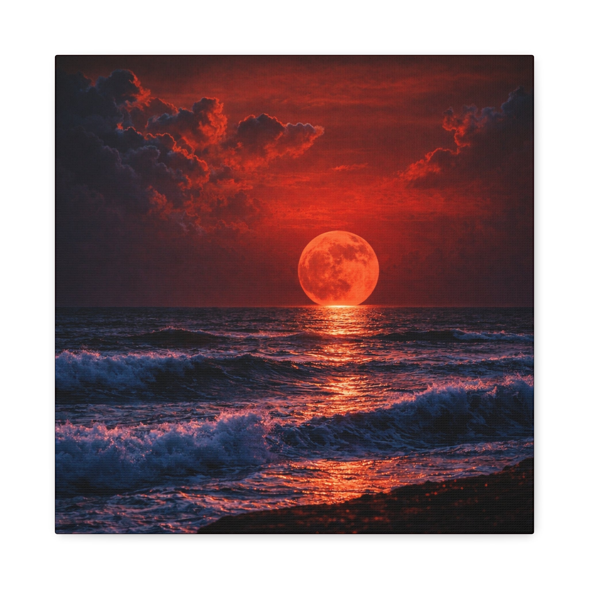Canvas painting of a sunset over water with a red moon