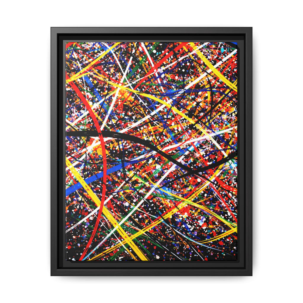 Framed abstract artwork with multicolored lines on a white background