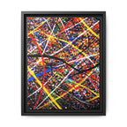 Framed abstract artwork with multicolored lines on a white background