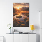 Scenic landscape painting of a sunset over a mountain lake in a modern interior setting.