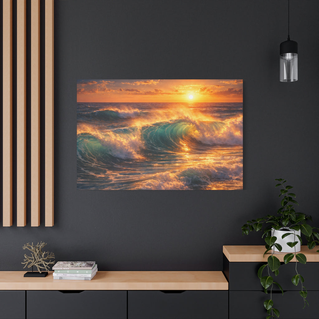Sunset Ocean Wave Canvas | Sunlit Evening Flowing Sea Movement | Vibrant Ocean Seascape Artwork