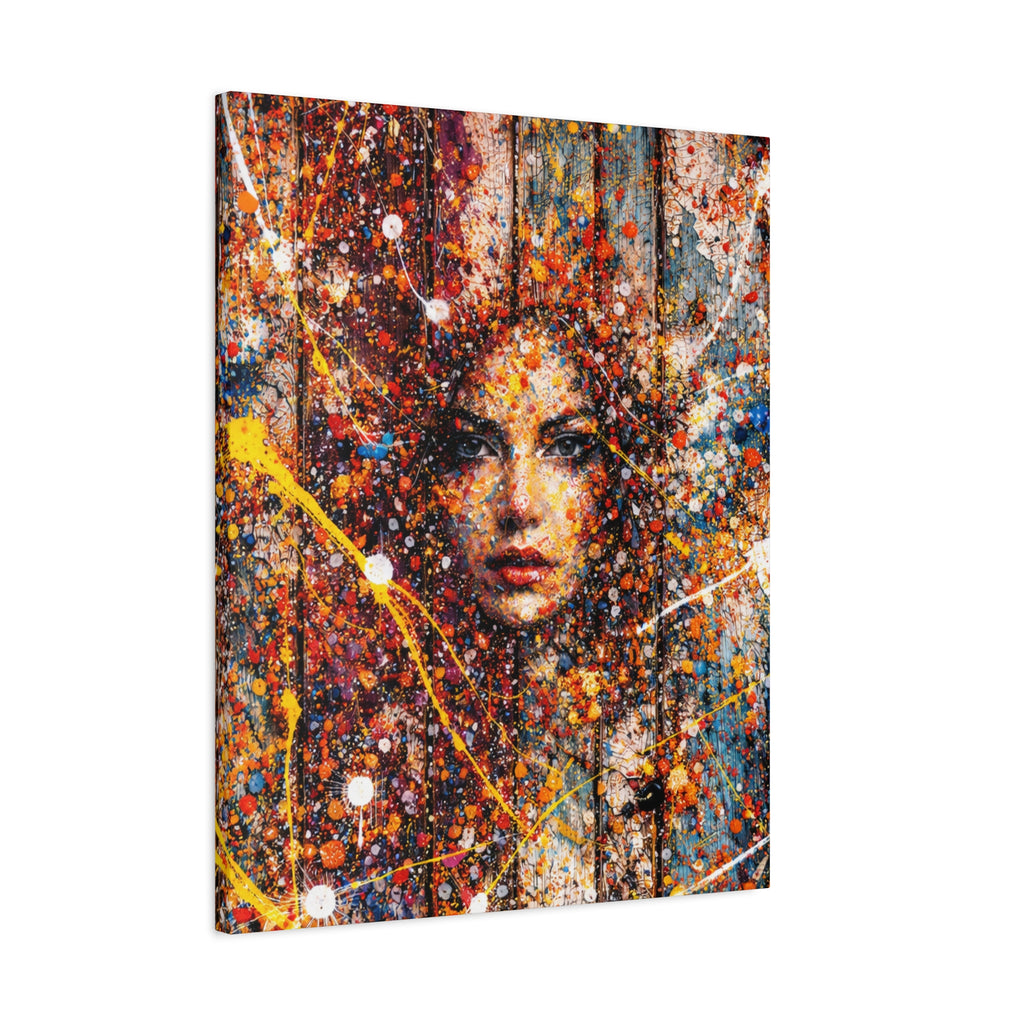 Matte Canvas | Abstract Splatter Portrait on distressed board.