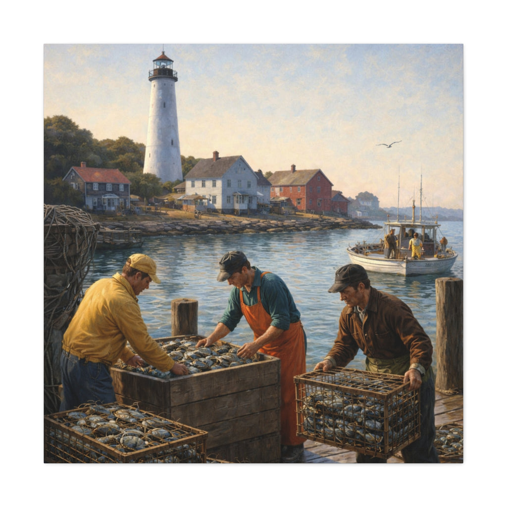 Square Canvas Wall Art | Fishermen unloading crabs at sunset