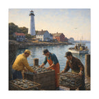Square Canvas Wall Art | Fishermen unloading crabs at sunset
