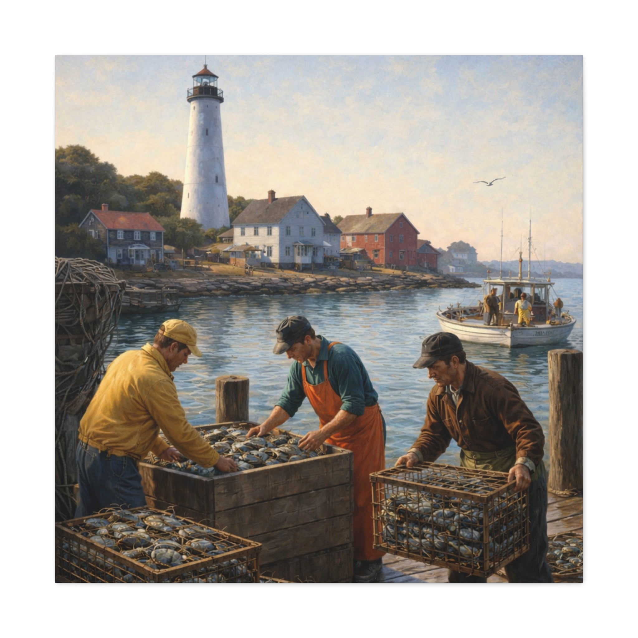 Square Canvas Wall Art | Fishermen unloading crabs at sunset