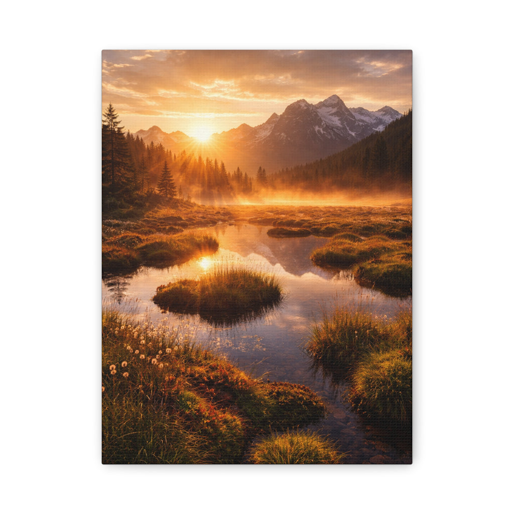 Sunset over a mountain landscape with a lake and trees