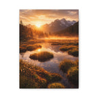 Sunset over a mountain landscape with a lake and trees