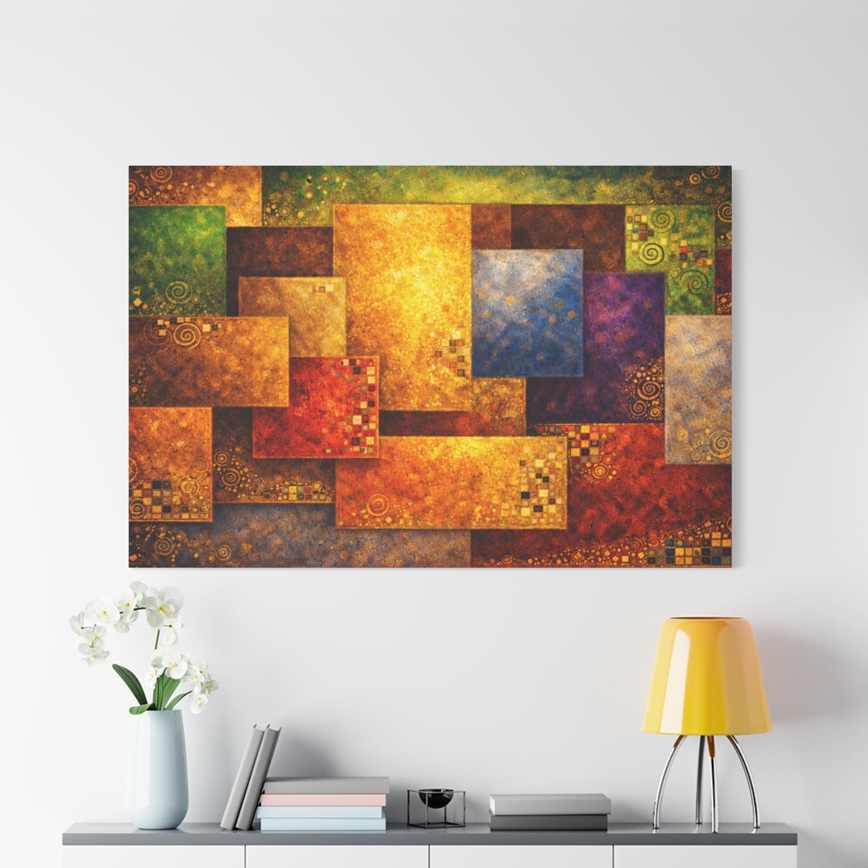 Layers of glowing gold, amber, deep red, emerald and sapphire tones interlock in a dynamic geometric composition