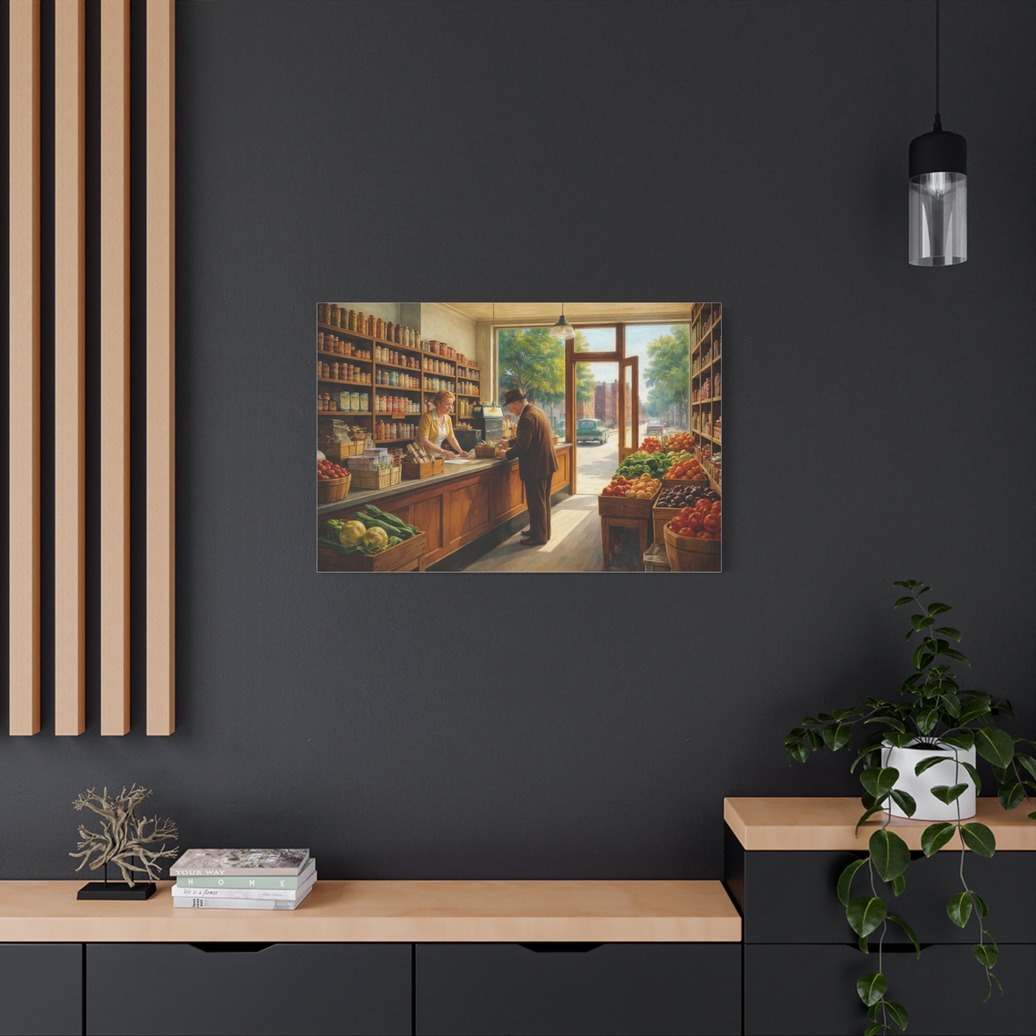 Corner Grocery Store Scene Matte Canvas | Vintage Store Scene Wall Art | Edward Hopper inspired Artwork