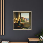 Framed painting of a woman at a desk by a window on a dark wall. Edward Hopper style.