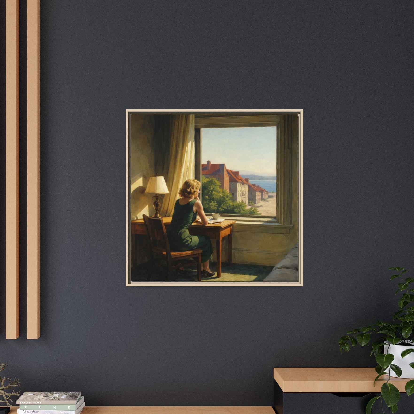 Framed painting of a woman at a desk by a window on a dark wall. Edward Hopper style.