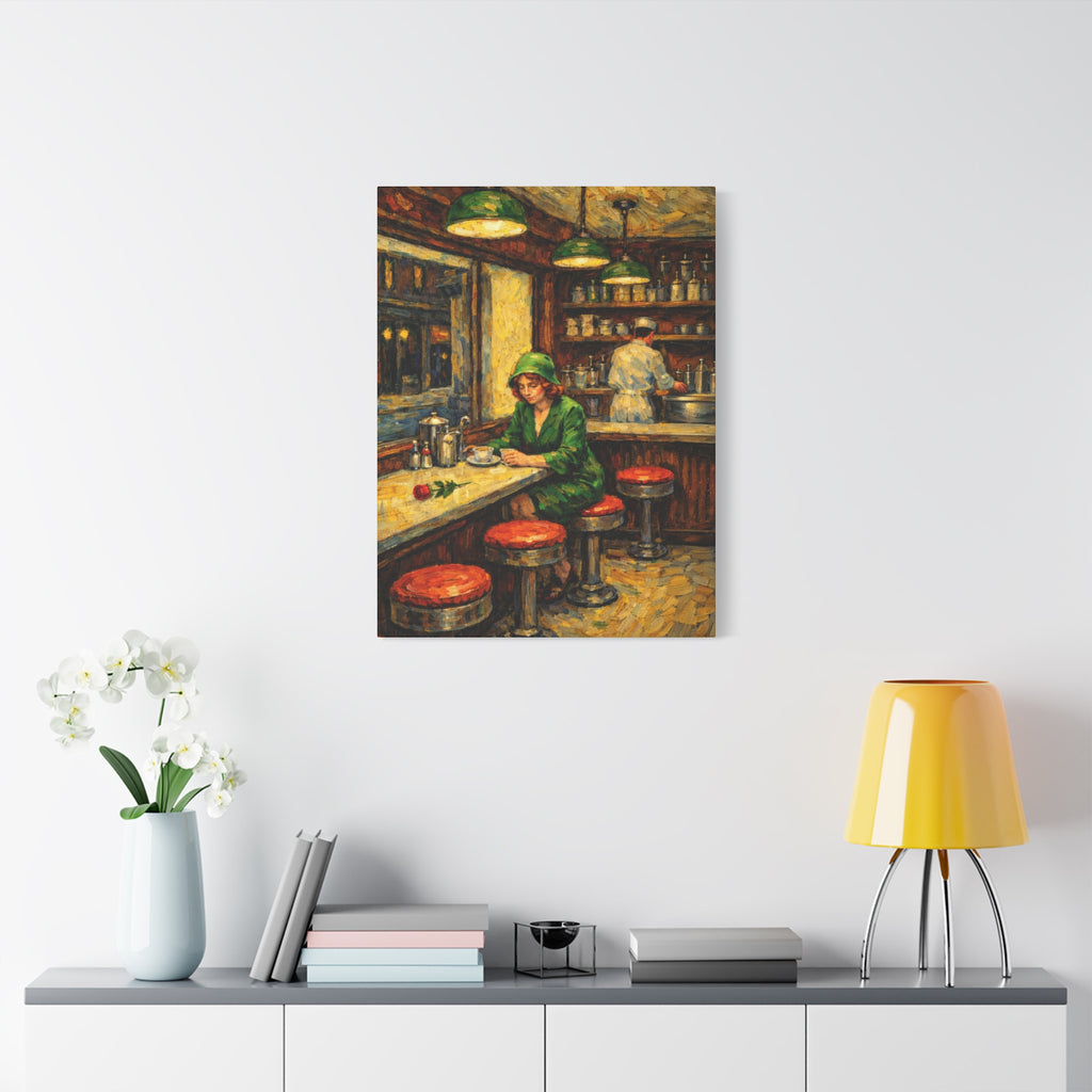Woman at Diner Counter | Matte Canvas Stretched | Homage to Hopper and Van Gogh