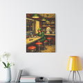 Framed artwork of a bar scene on a white wall above a shelf with decor items.