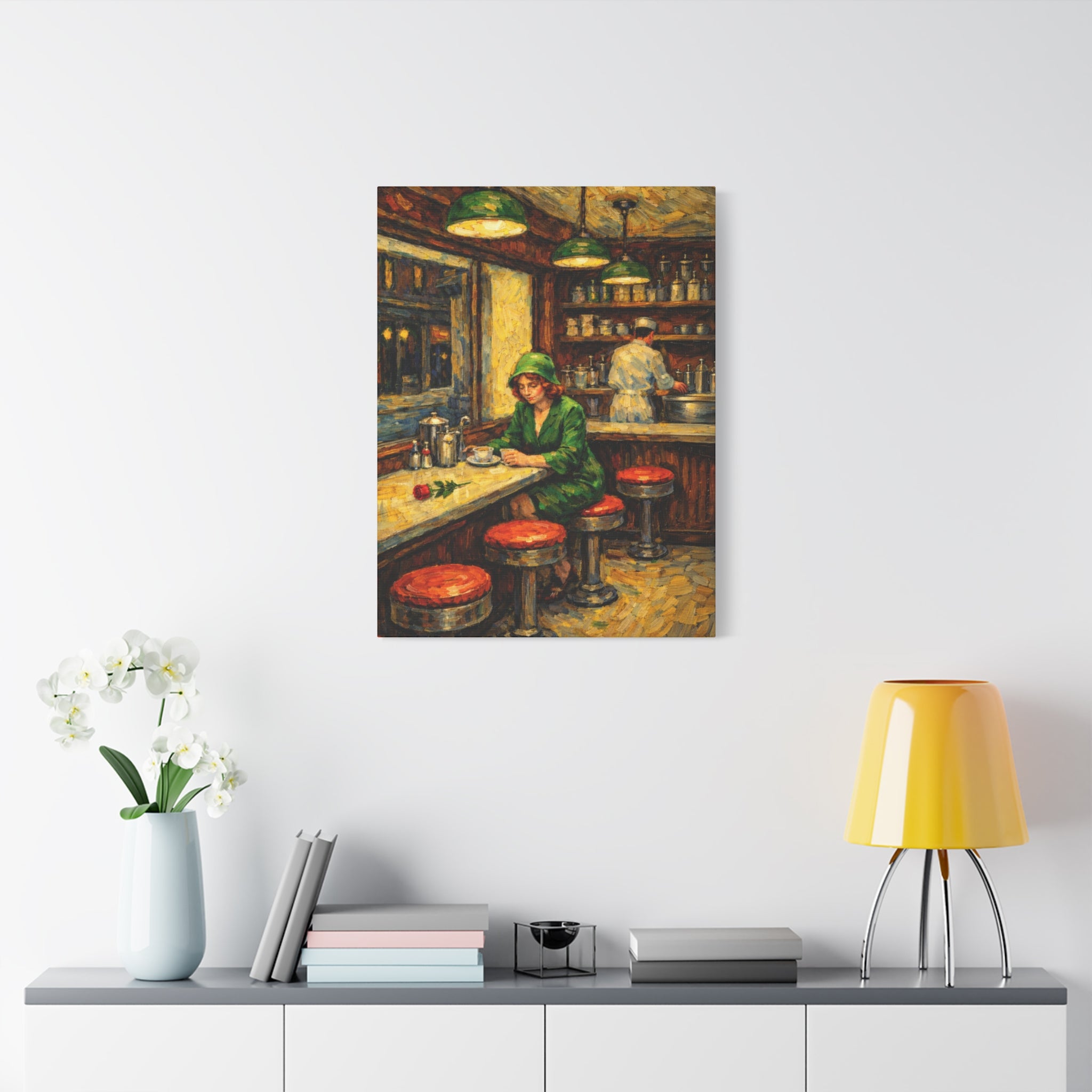 Woman at Diner Counter | Matte Canvas Stretched | Homage to Hopper and Van Gogh