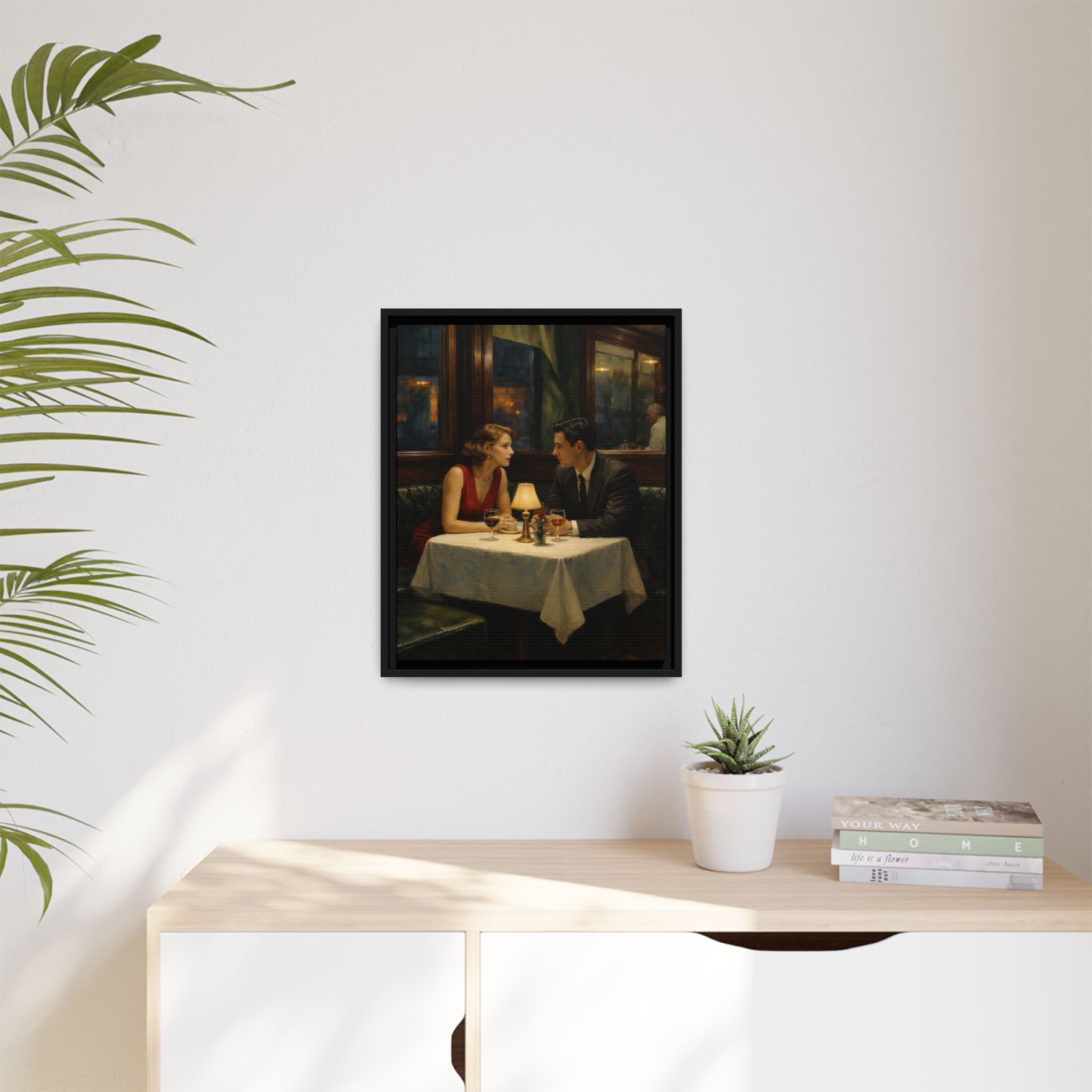 Framed Matte Canvas | Intimate evening in a dim restaurant | Edward Hopper Homage