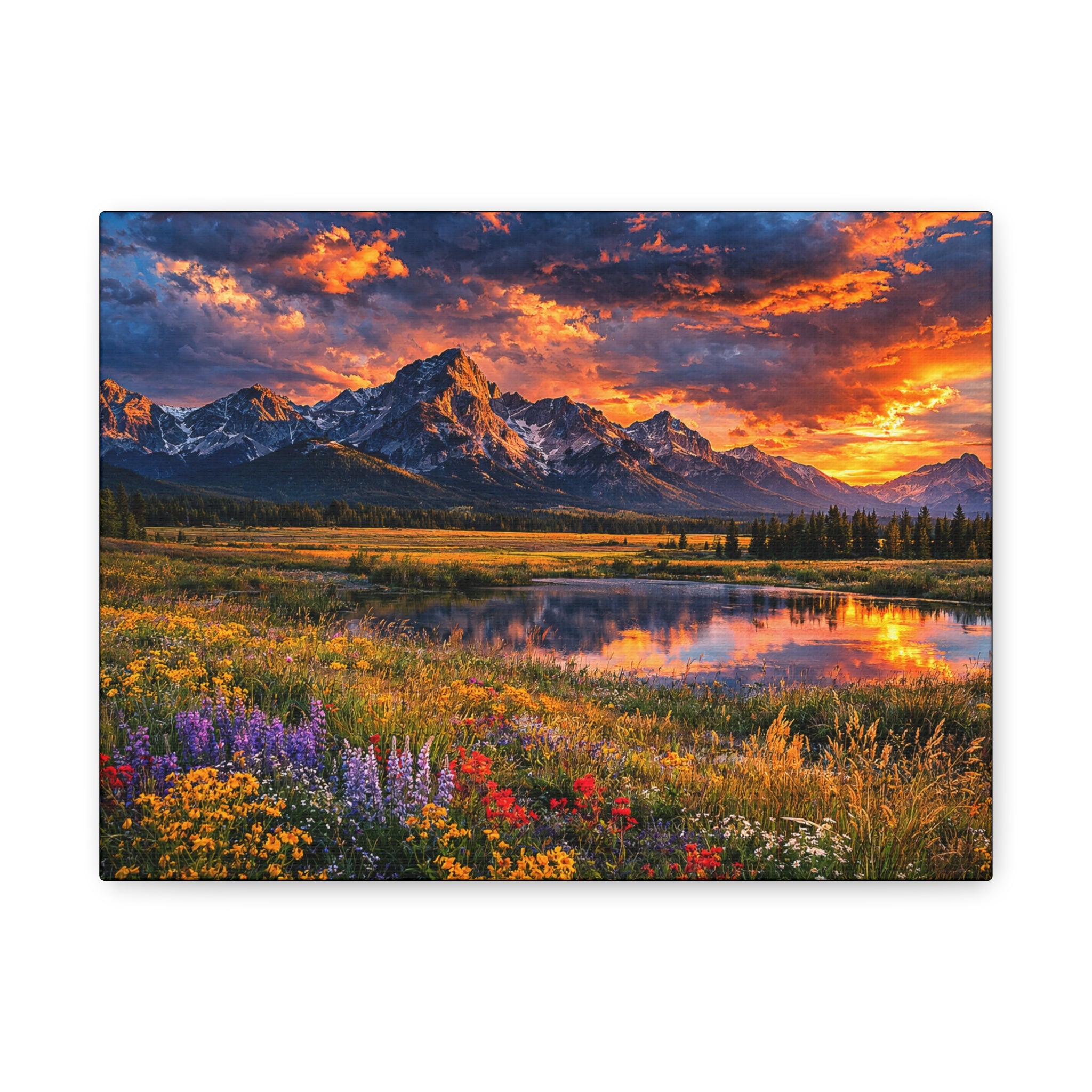 Mountain landscape with a sunset over a lake and colorful flowers in the foreground