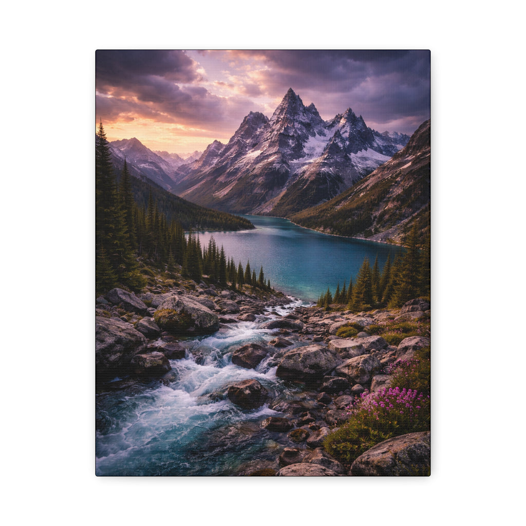Mountain landscape with a lake and flowing river at sunset.