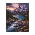 Mountain landscape with a lake and flowing river at sunset.