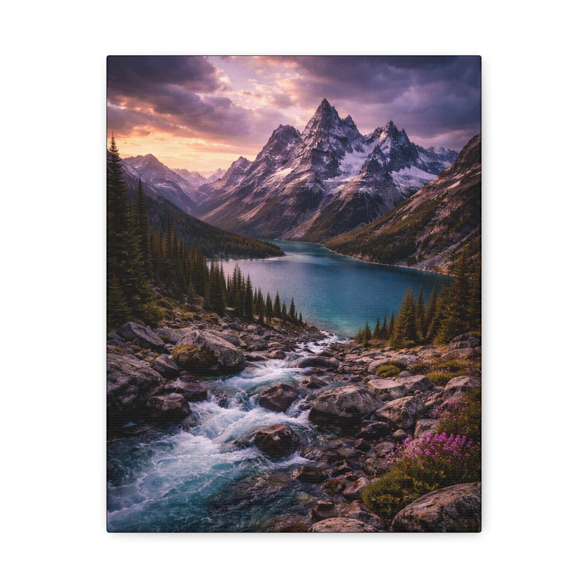 Mountain landscape with a lake and flowing river at sunset.