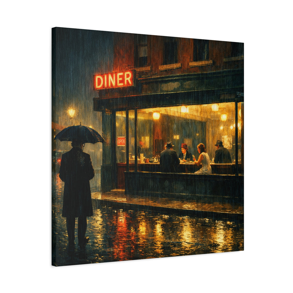 Rainy street scene with a diner and people. Edward Hopper Inspired.
