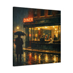 Rainy street scene with a diner and people. Edward Hopper Inspired.
