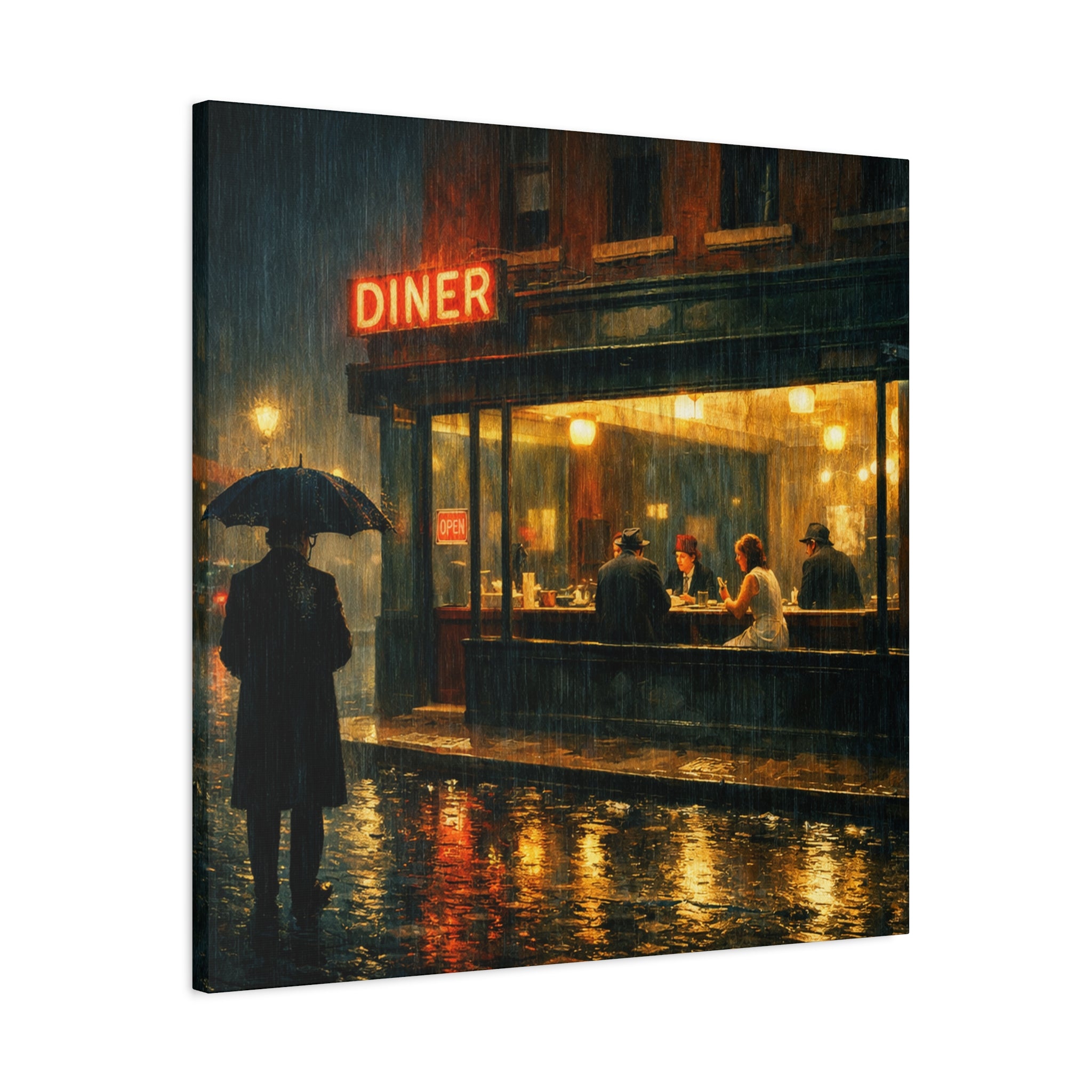 Rainy street scene with a diner and people. Edward Hopper Inspired.