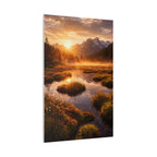 Scenic landscape with mountains, trees, and a sunset over a reflective lake.