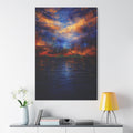 Abstract Wall Art. Rich navy blues and Indigo meet glowing amber, burnt orange and gold tones