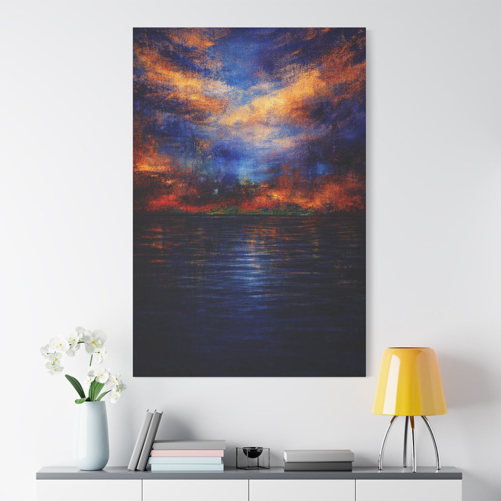 Abstract Wall Art. Rich navy blues and Indigo meet glowing amber, burnt orange and gold tones