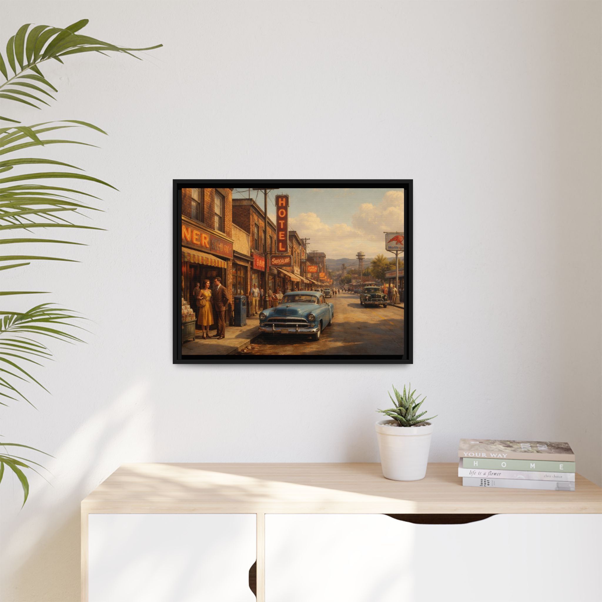 Framed Canvas | Golden Hour on Main Street | Mid Century American Realist Image
