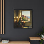Framed painting of a woman at a desk with a window view on a dark wall.
