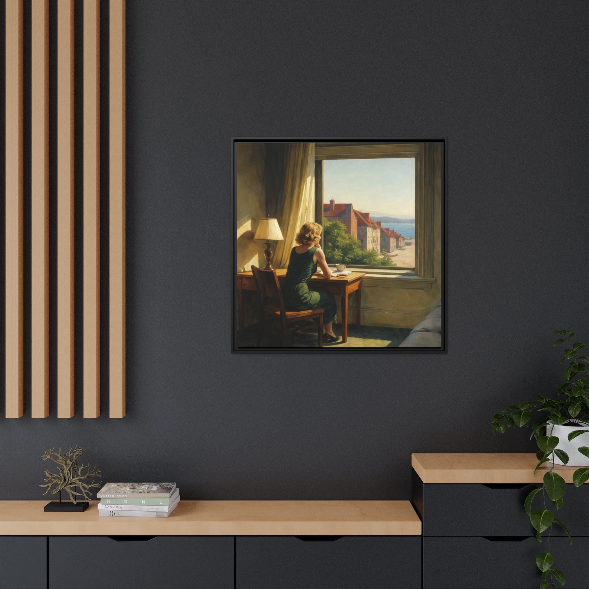 Woman at Window Painting Matte Canvas Framed | Coastal Town Sunlit Interior | Edward Hopper Homage