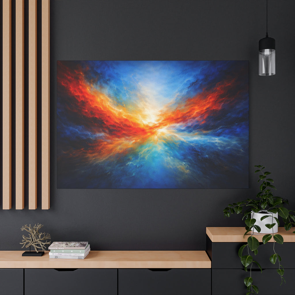 Colorful abstract painting on a dark wall with wooden shelves and decor.