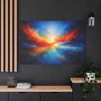 Colorful abstract painting on a dark wall with wooden shelves and decor.