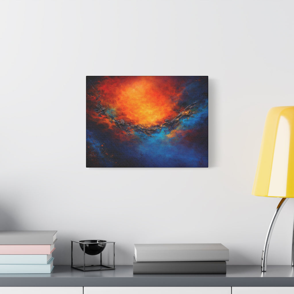 Abstract painting with warm colors on a wall above a shelf with books and a lamp.