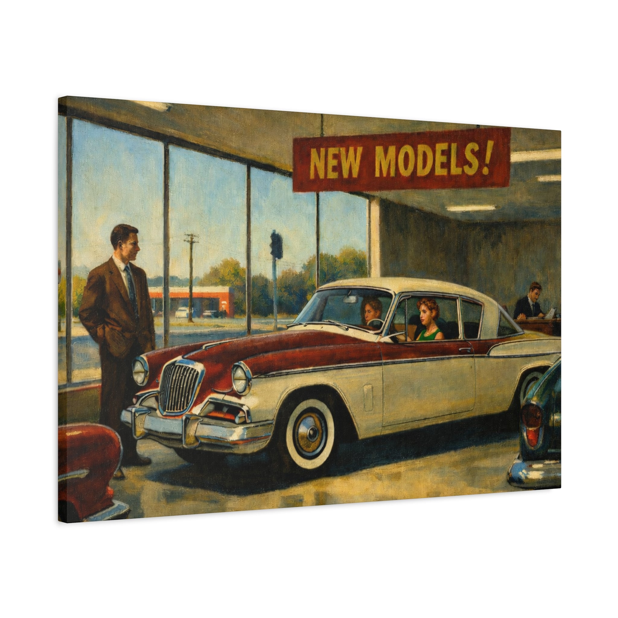 Matte Stretched Canvas | Vintage Car Dealership Painting Canvas.