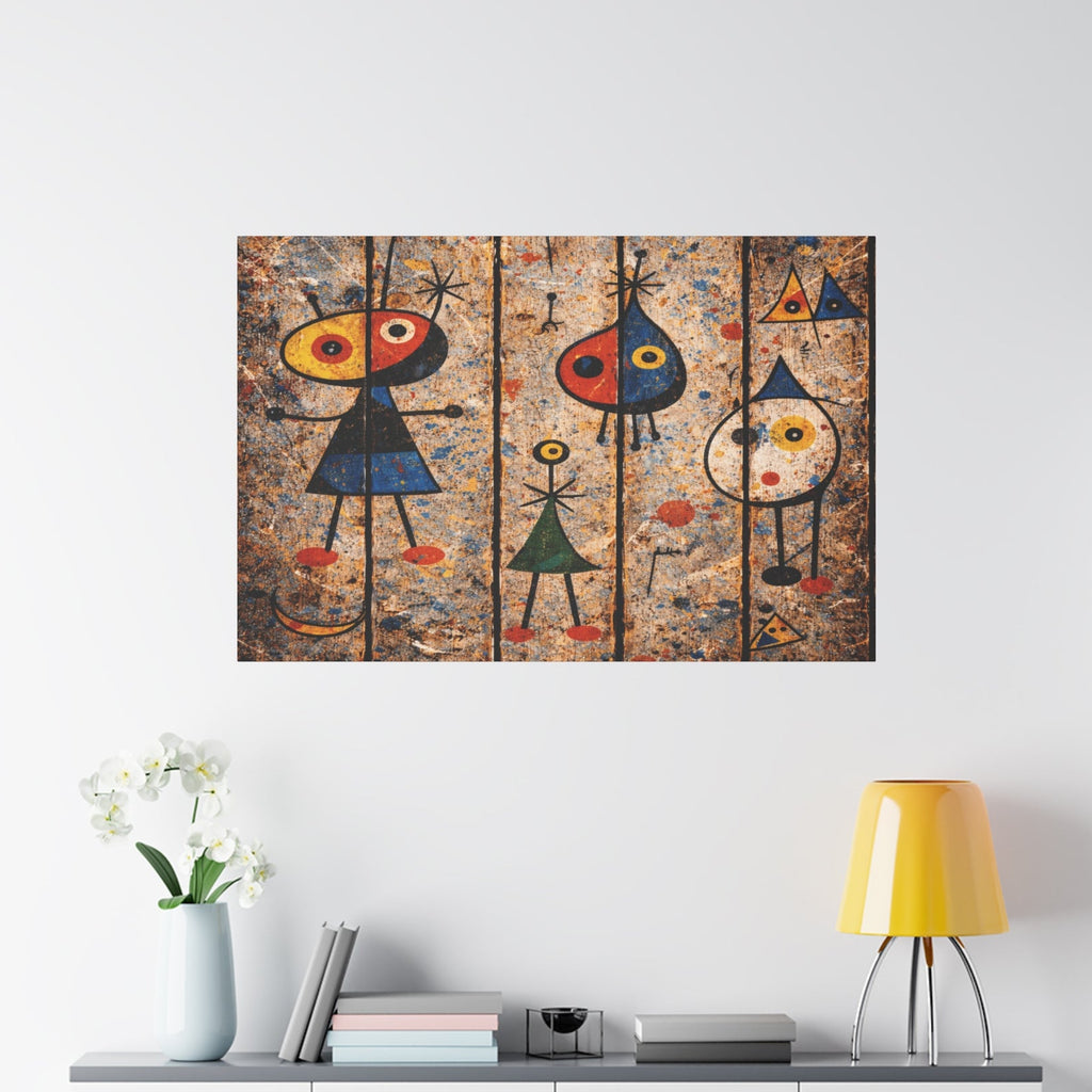 Abstract artwork of three colorful figures on a wall above a white cabinet with a yellow lamp.