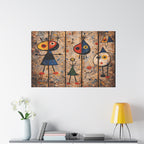 Abstract artwork of three colorful figures on a wall above a white cabinet with a yellow lamp.