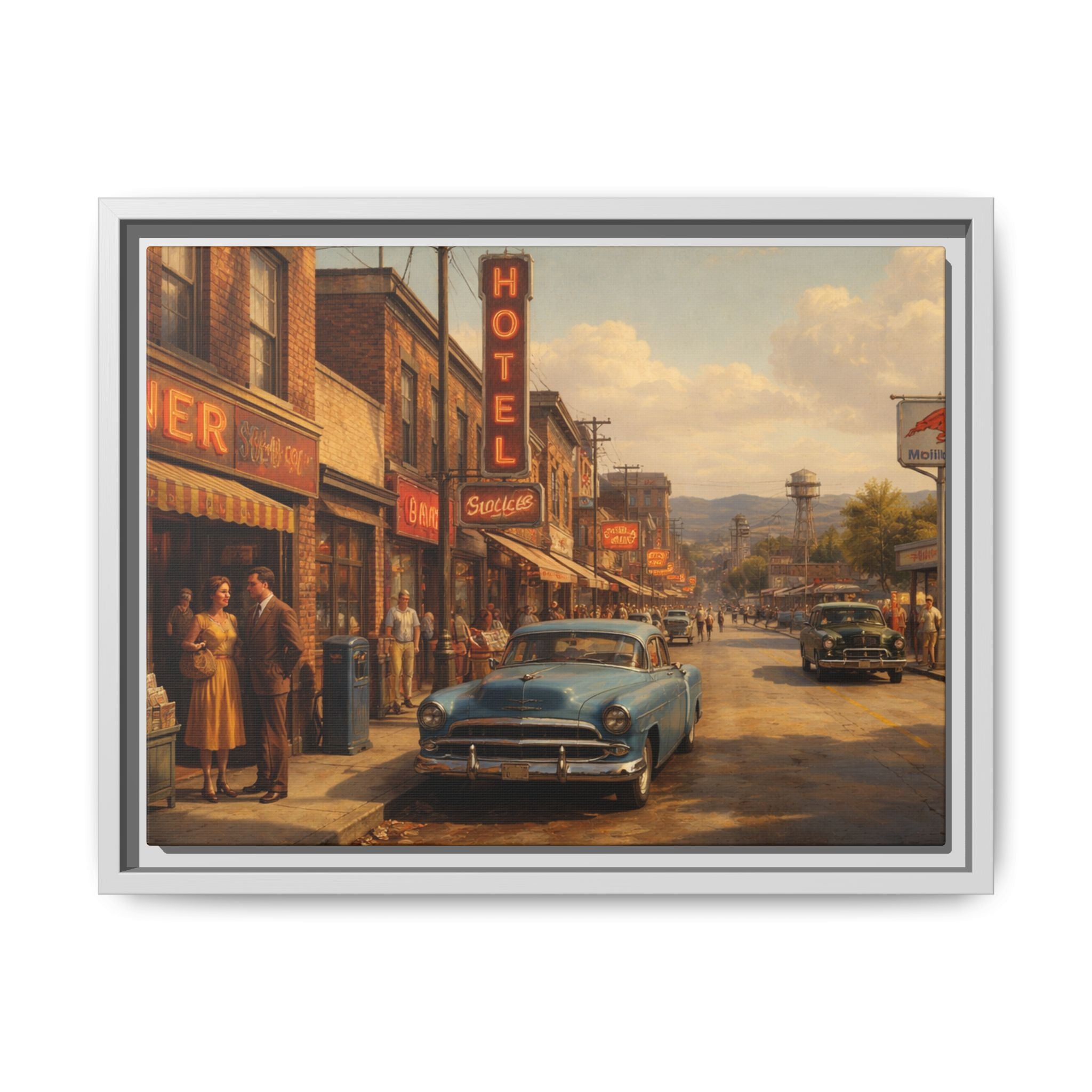 Framed Canvas | Golden Hour on Main Street | Mid Century American Realist Image