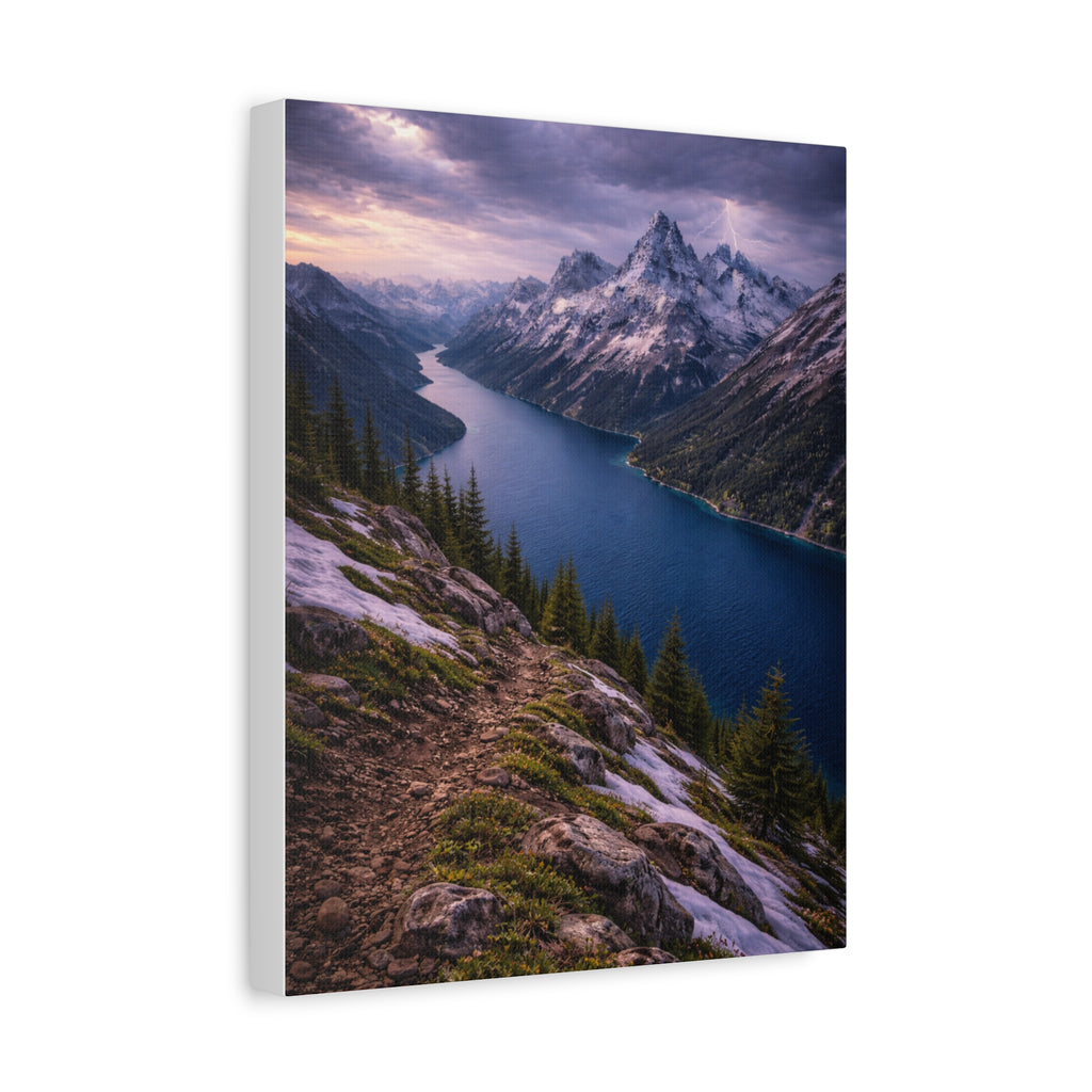 Canvas print of a mountain landscape with a lake and rocky terrain.