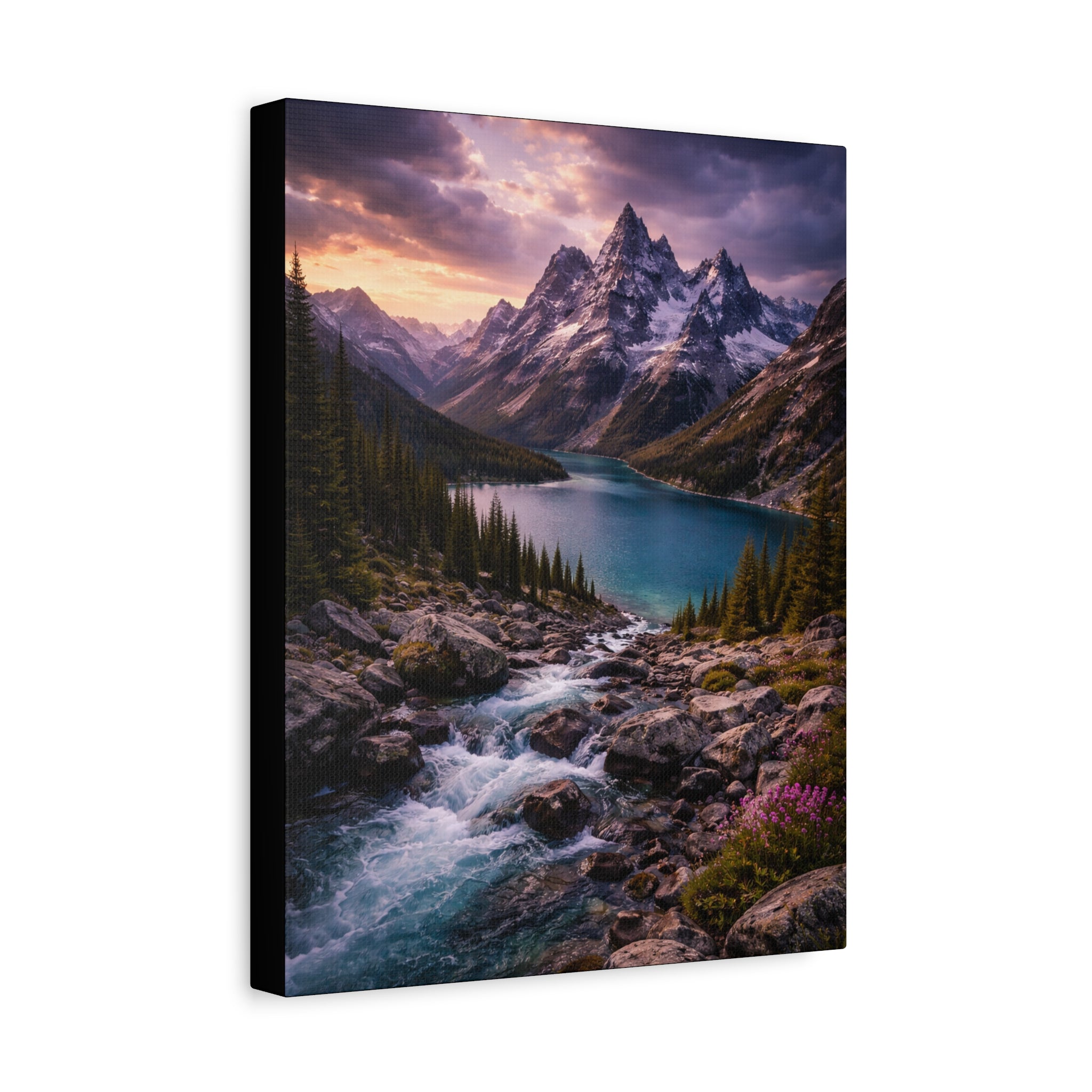 Canvas print of a mountain landscape with a lake and flowing river.