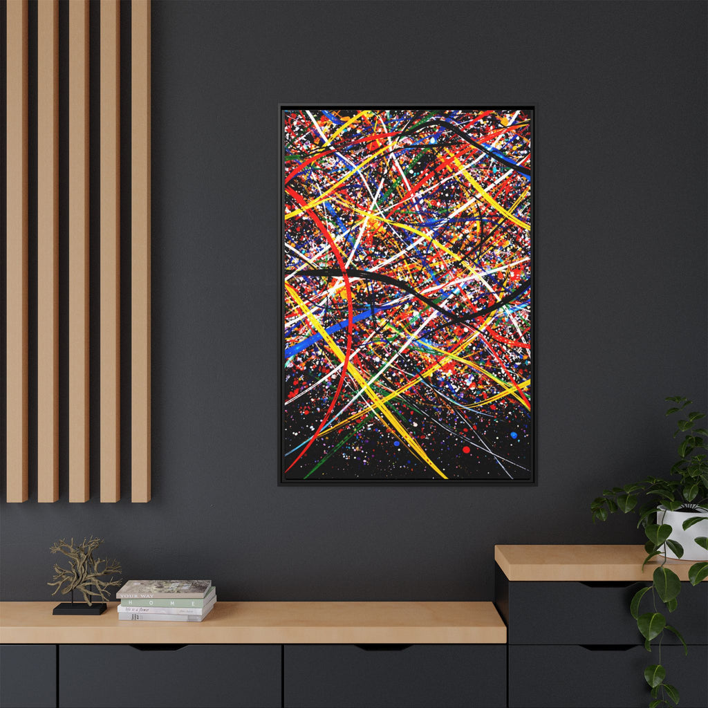 Abstract colorful painting on a dark wall with wooden furniture and plants.