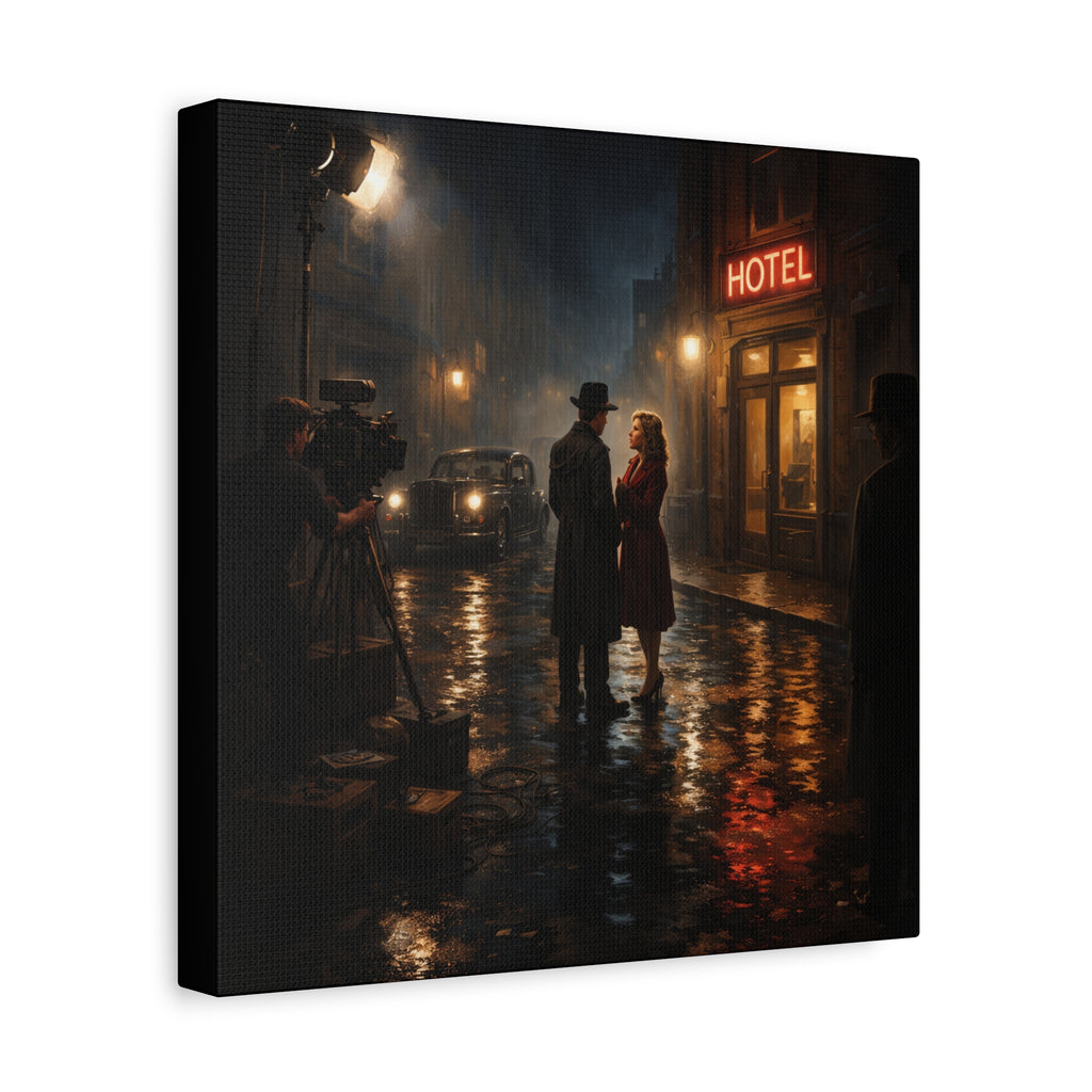 Canvas print of a romantic scene on a city street at night with a hotel and camera crew.