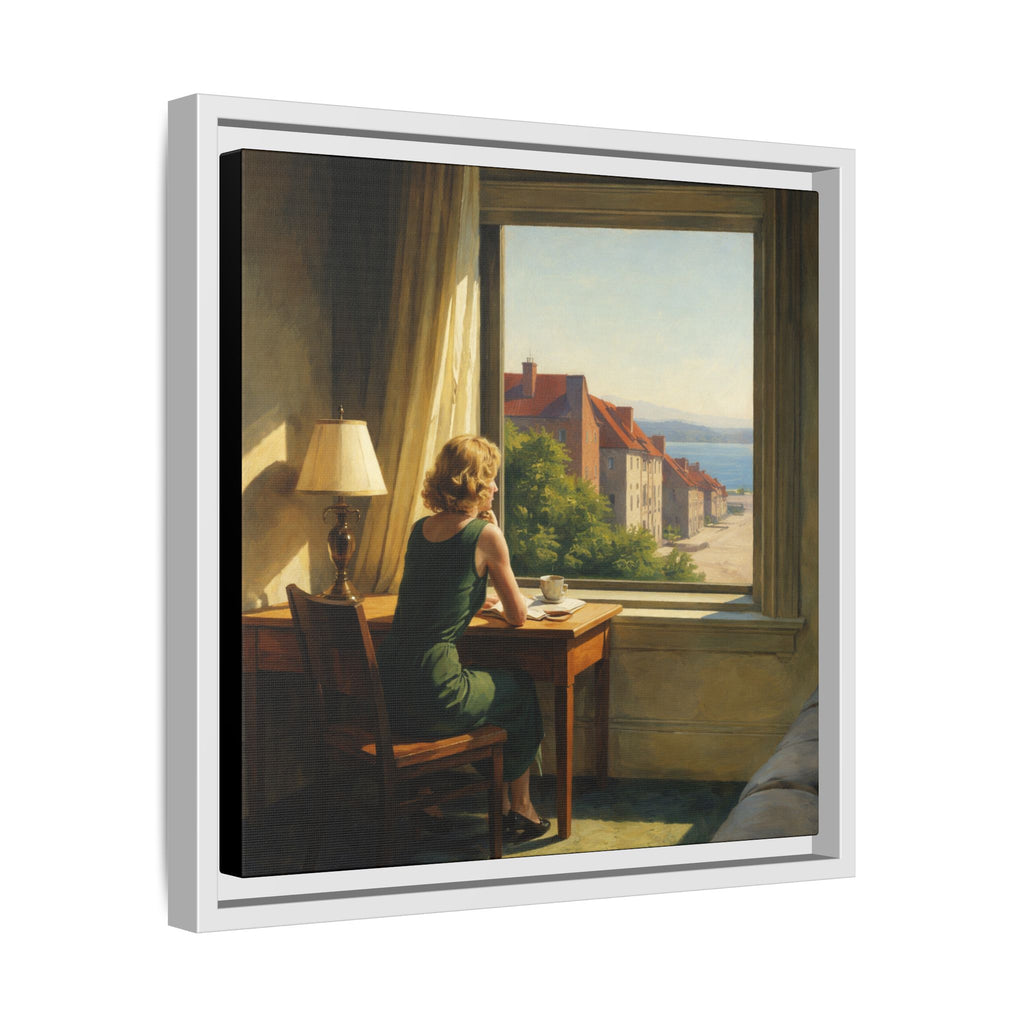 Framed Canvas of Woman sitting at a desk by a window with a scenic view