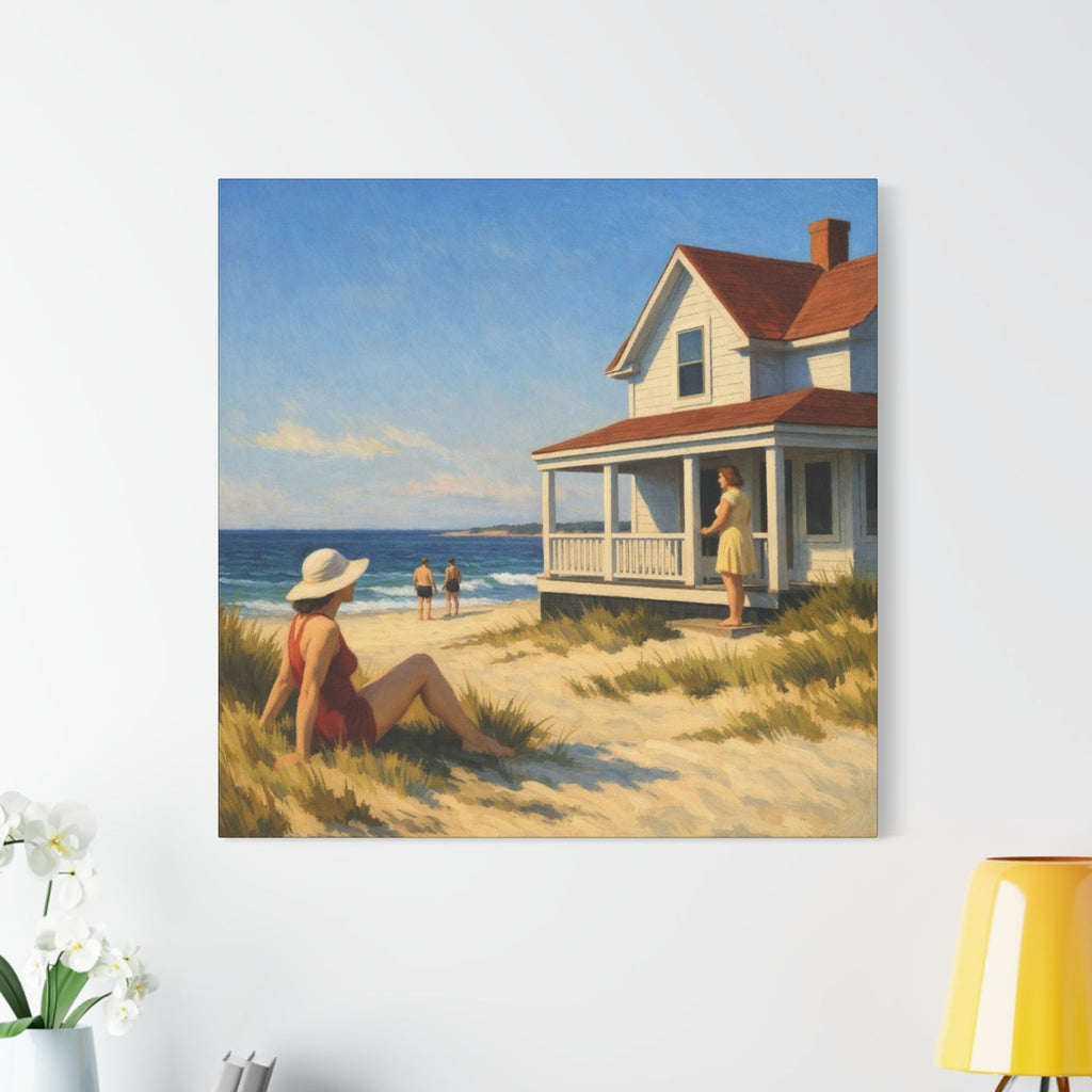 Painting of a beach scene with a house and people. Edward Hopper Inspired